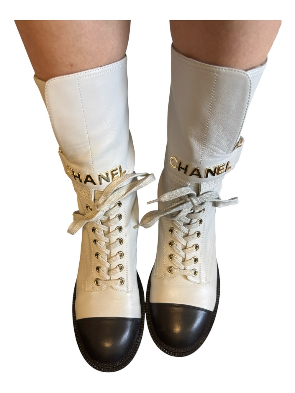CHANEL Grey black Leather Lace-Up Boots with Black Cap Toe and Gold Logo Strap - Picture 10 of 16